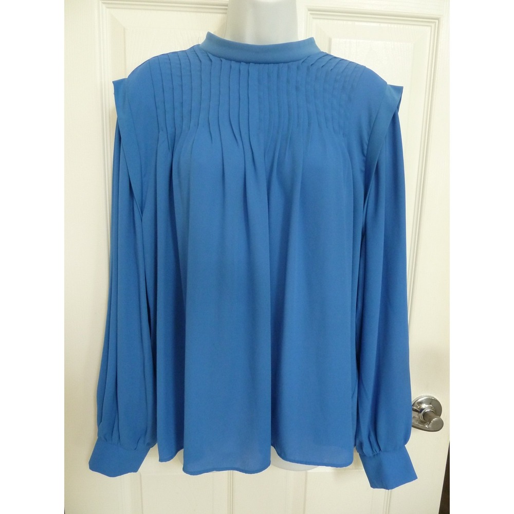 Ann Taylor XL 16 Blue Balloon Sleeve Pin-Tucked Blouse High Neck Career Top